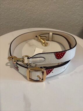 White Strawberry-Print Leather Reversible Bag Strap with Gold Hardware